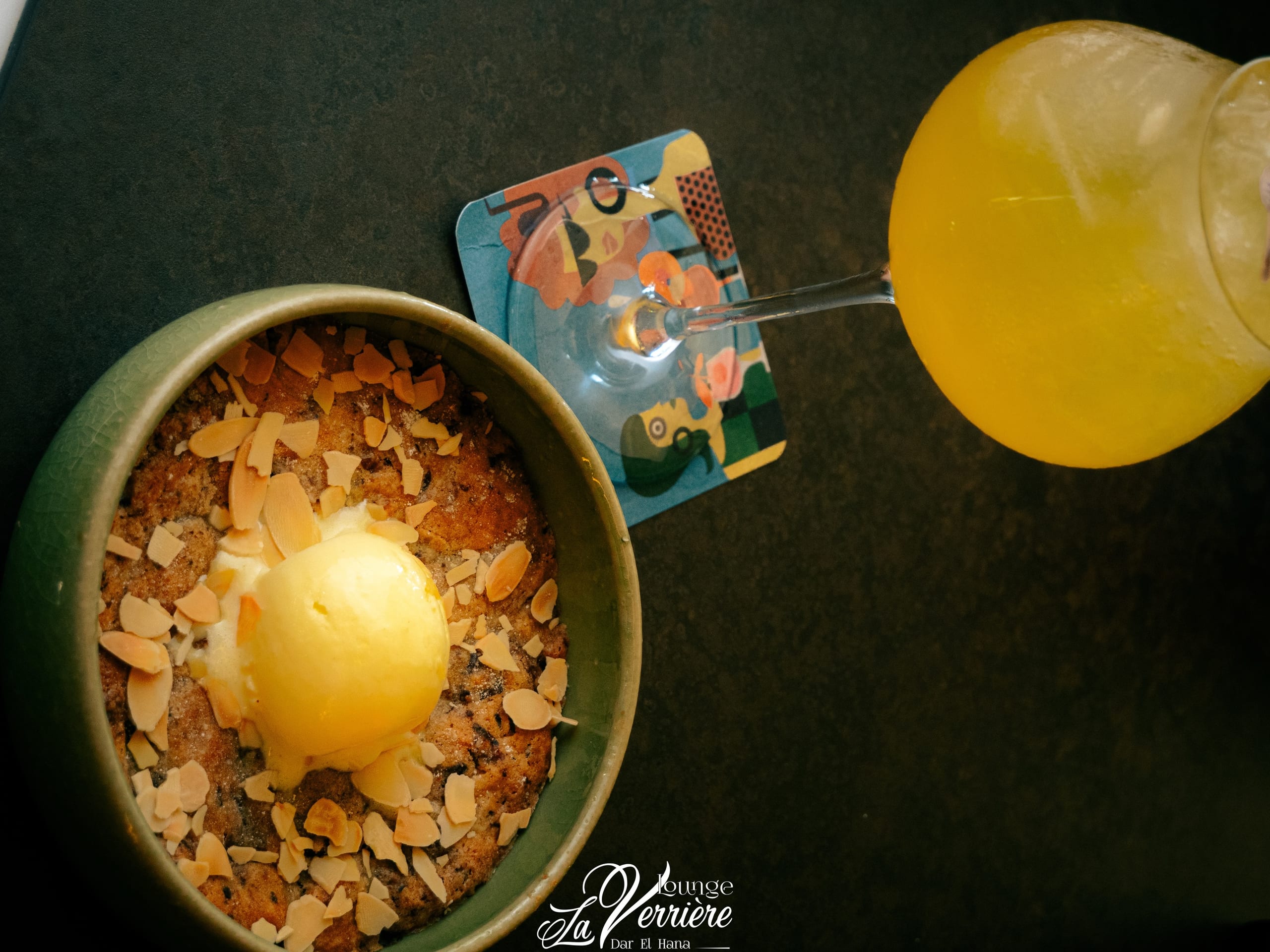 Dessert, almond and ice cream, overhead